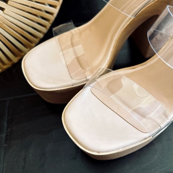 NEW Transparent Clear Open Toe Mules Sandal Wood-Like Block Chunky Platform Heel - Picture 5 of 5